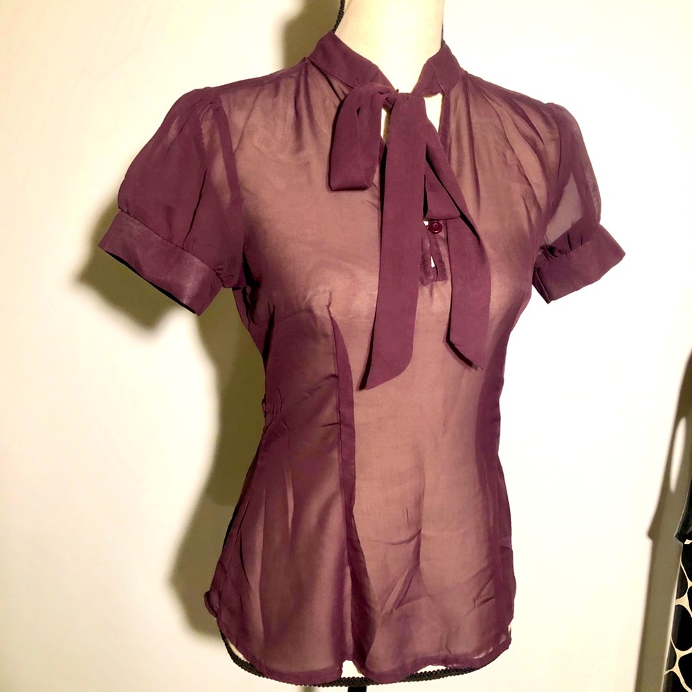 Shear short pouf sleeve bow tie neck blouse